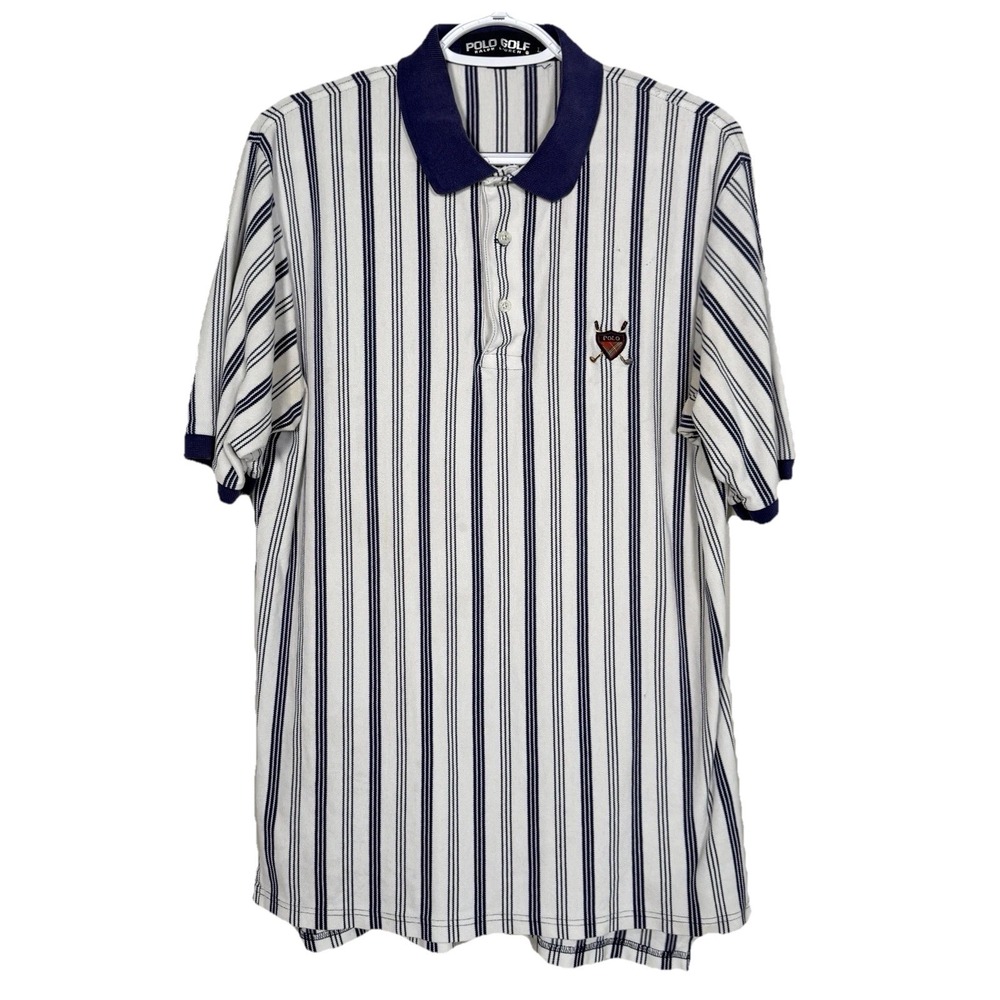 Vintage Polo Golf Ralph Lauren Polo Shirt Men L Navy Striped Crest Shield 90s